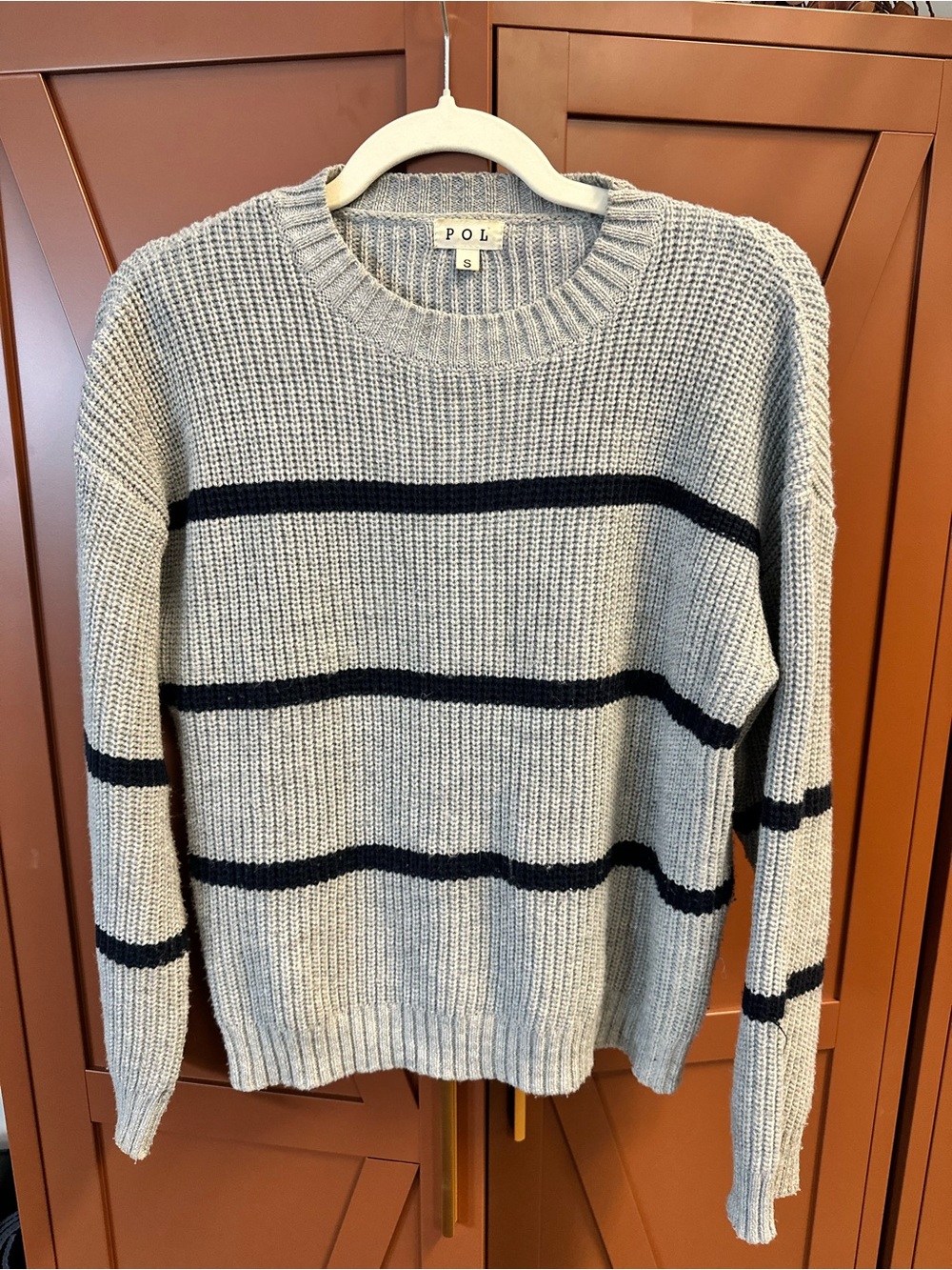 POL Light Gray Crewneck Sweater with Black Stripes